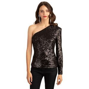 NWT Trina Turk Black Sequin One Shoulder Over The Moon Top